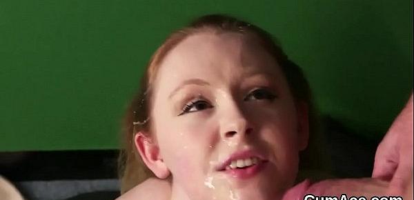  Nasty looker gets cumshot on her face eating all the cream